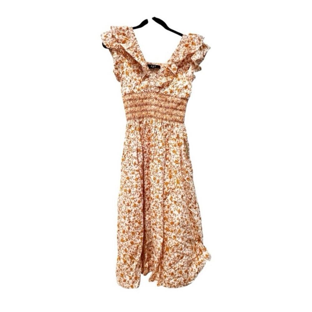 O.P.T Smocked Waist Ruffle Scilla Midi Dress Orange Floral Size Small NWOT - Picture 5 of 13